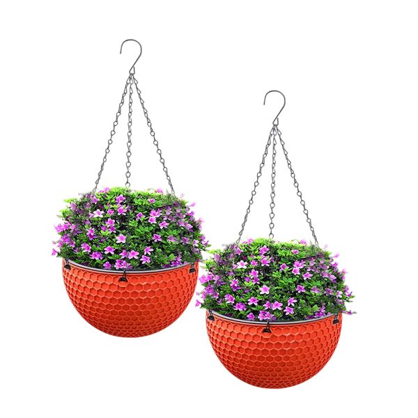 1-SOGA 2X Red Medium Hanging Resin Flower Pot Self Watering Basket Planter Outdoor Garden Decor