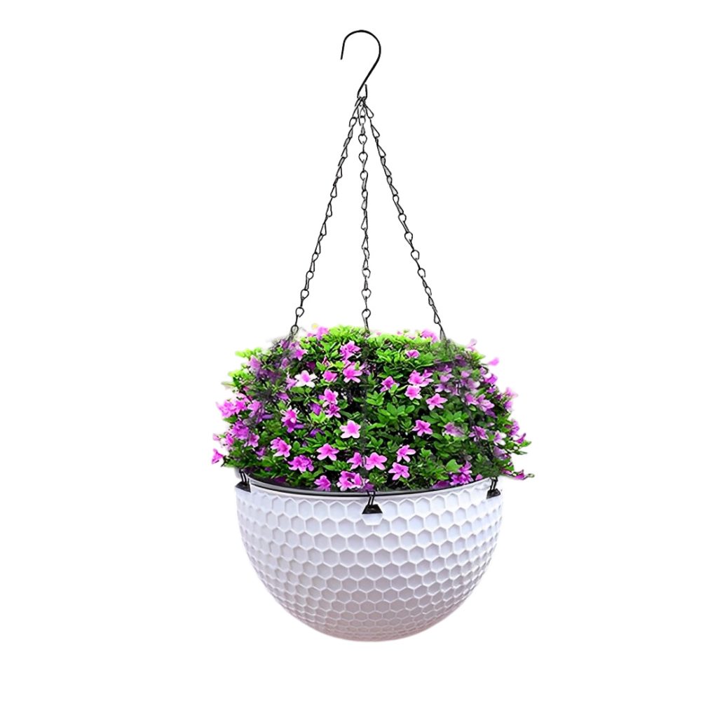 1-SOGA White Medium Hanging Resin Flower Pot Self Watering Basket Planter Outdoor Garden Decor