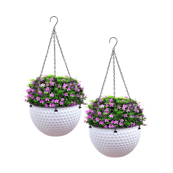 1-SOGA 2X White Medium Hanging Resin Flower Pot Self Watering Basket Planter Outdoor Garden Decor