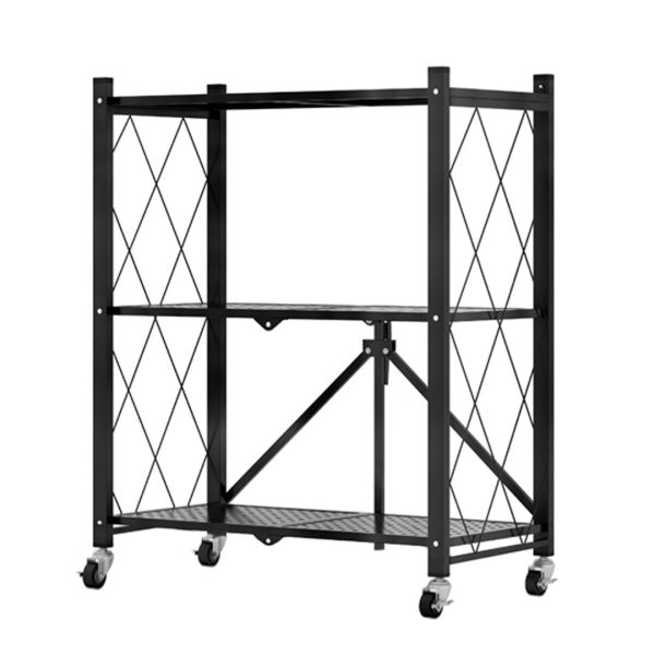 1-SOGA 3 Tier Steel Black Foldable Kitchen Cart Multi-Functional Shelves Portable Storage Organizer with Wheels
