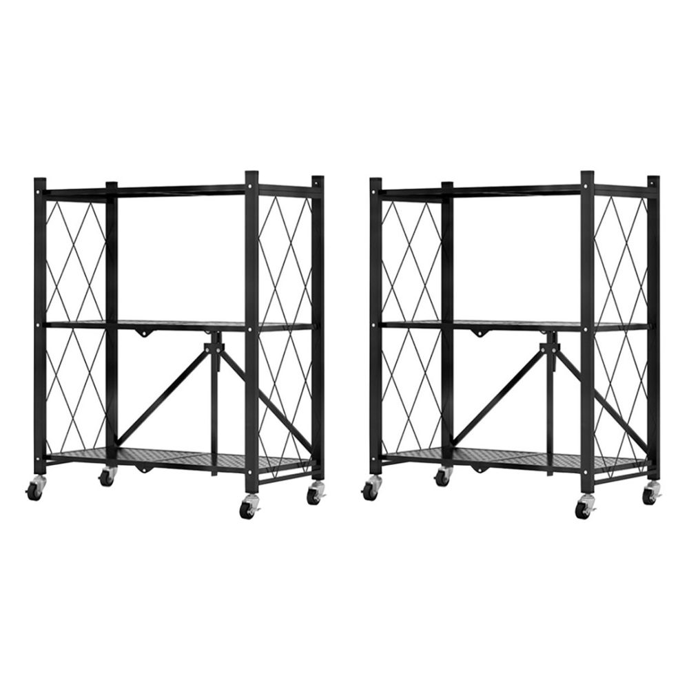 1-SOGA 2X 3 Tier Steel Black Foldable Kitchen Cart Multi-Functional Shelves Portable Storage Organizer with Wheels