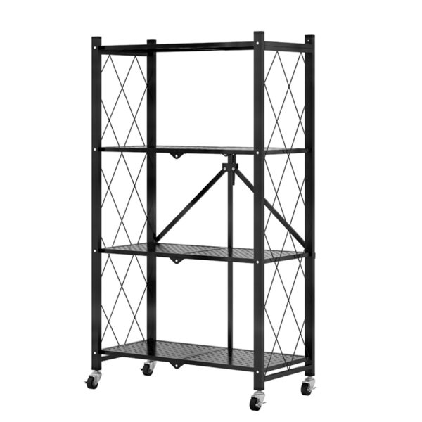1-SOGA 4 Tier Steel Black Foldable Kitchen Cart Multi-Functional Shelves Portable Storage Organizer with Wheels