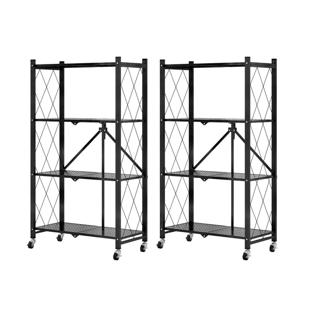 1-SOGA 2X 4 Tier Steel Black Foldable Kitchen Cart Multi-Functional Shelves Portable Storage Organizer with Wheels