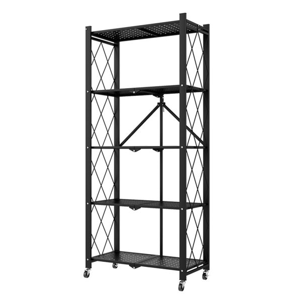 1-SOGA 5 Tier Steel Black Foldable Kitchen Cart Multi-Functional Shelves Portable Storage Organizer with Wheels