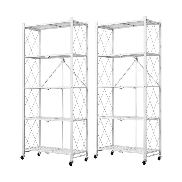 1-SOGA 2X 5 Tier Steel White Foldable Kitchen Cart Multi-Functional Shelves Portable Storage Organizer with Wheels