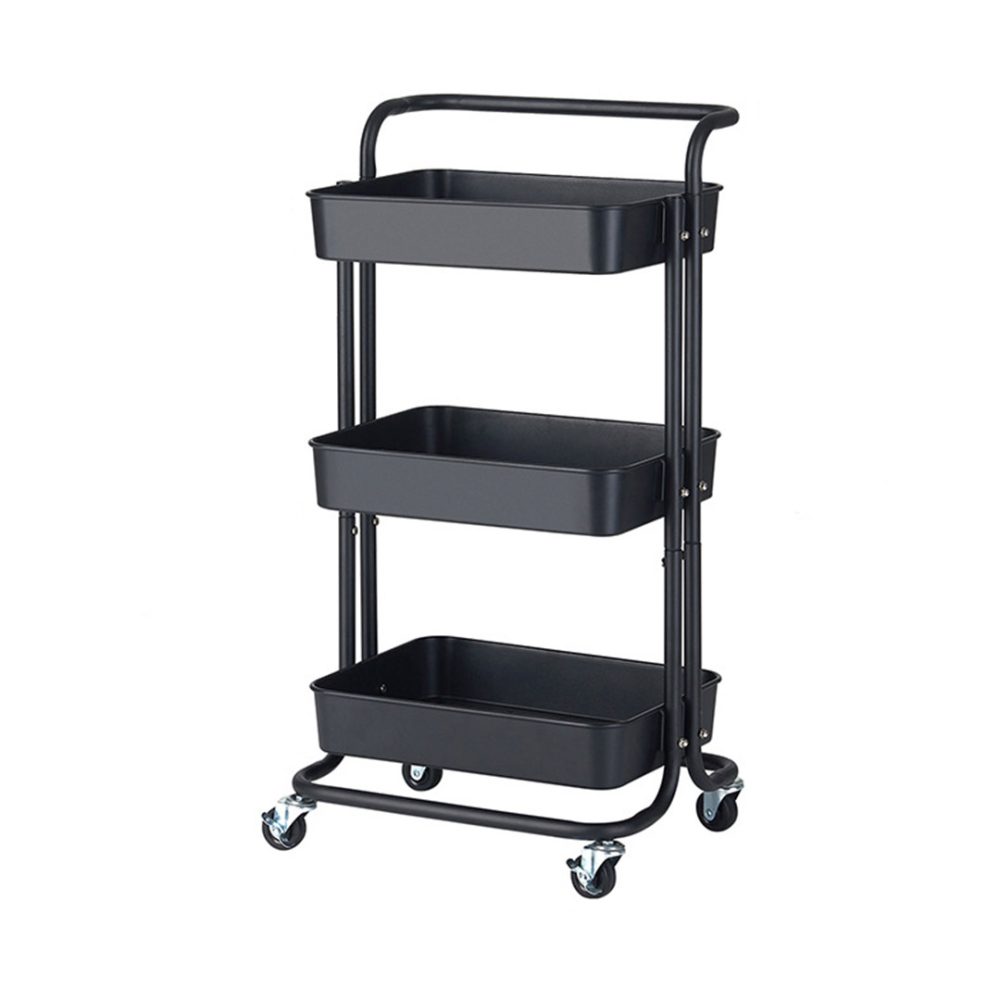 1-SOGA 3 Tier Steel Black Movable Kitchen Cart Multi-Functional Shelves Portable Storage Organizer with Wheels