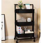 4-SOGA 3 Tier Steel Black Movable Kitchen Cart Multi-Functional Shelves Portable Storage Organizer with Wheels