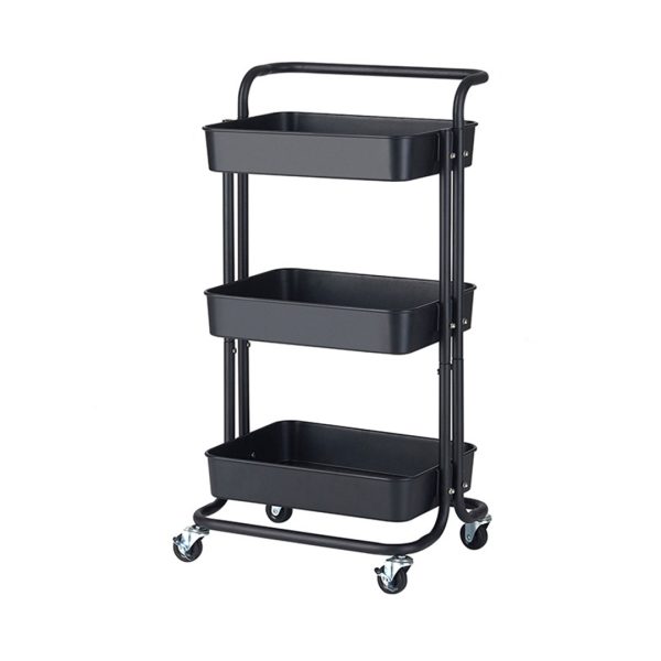 1-SOGA 3 Tier Steel Black Movable Kitchen Cart Multi-Functional Shelves Portable Storage Organizer with Wheels