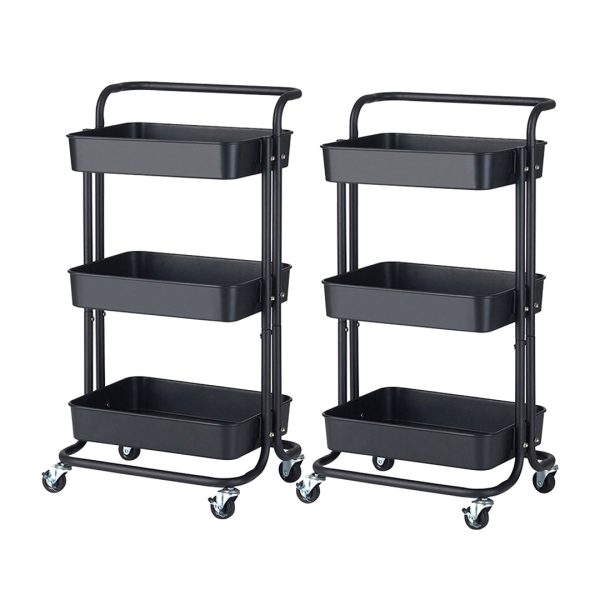 1-SOGA 2X 3 Tier Steel Black Movable Kitchen Cart Multi-Functional Shelves Portable Storage Organizer with Wheels