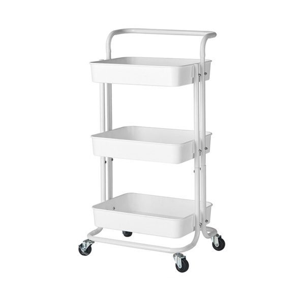 1-SOGA 3 Tier Steel White Movable Kitchen Cart Multi-Functional Shelves Portable Storage Organizer with Wheels