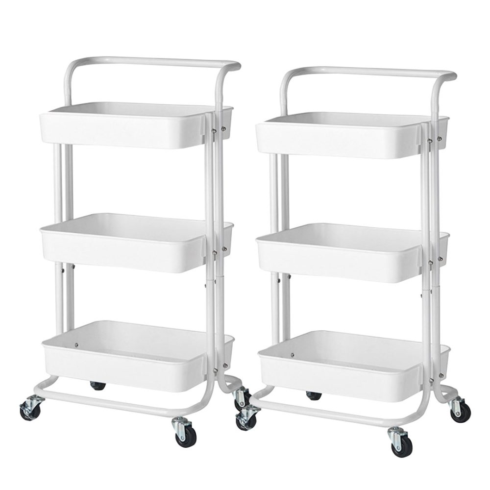 1-SOGA 2X 3 Tier Steel White Movable Kitchen Cart Multi-Functional Shelves Portable Storage Organizer with Wheels