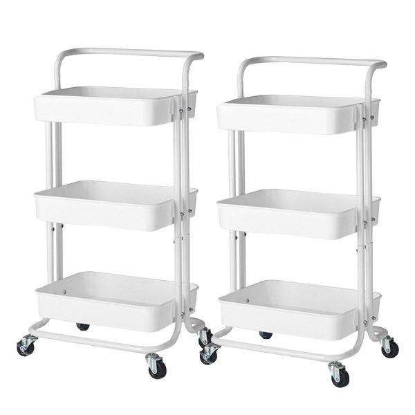1-SOGA 2X 3 Tier Steel White Movable Kitchen Cart Multi-Functional Shelves Portable Storage Organizer with Wheels