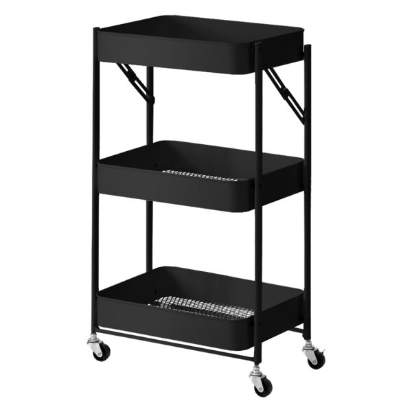 1-SOGA 3 Tier Steel Black Foldable Kitchen Cart Multi-Functional Shelves Portable Storage Organizer with Wheels