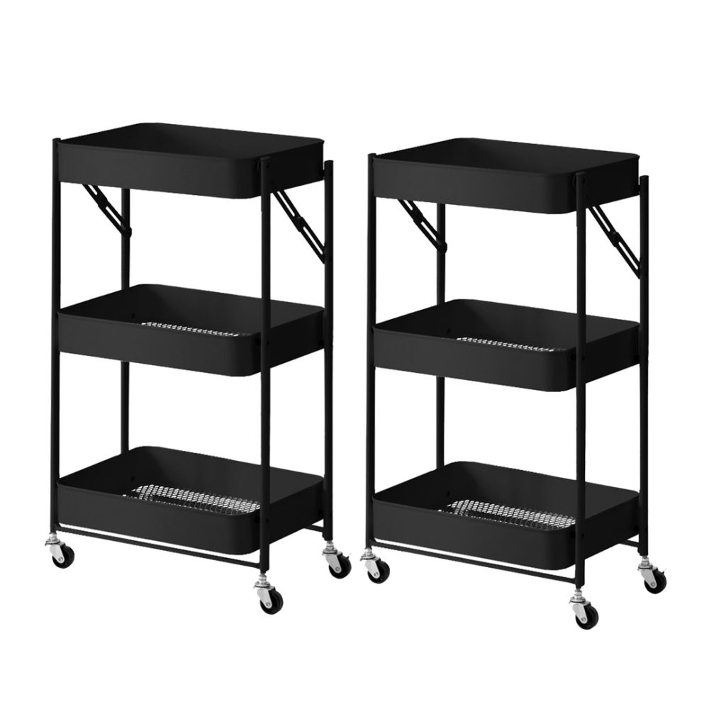 1-SOGA 2X 3 Tier Steel Black Foldable Kitchen Cart Multi-Functional Shelves Portable Storage Organizer with Wheels