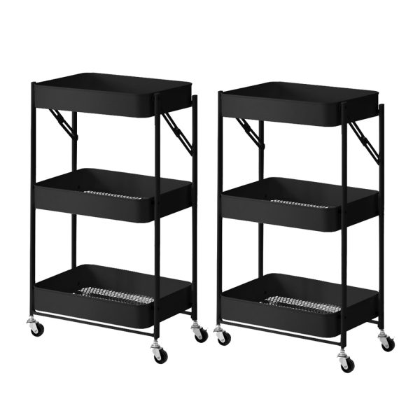 1-SOGA 2X 3 Tier Steel Black Foldable Kitchen Cart Multi-Functional Shelves Portable Storage Organizer with Wheels