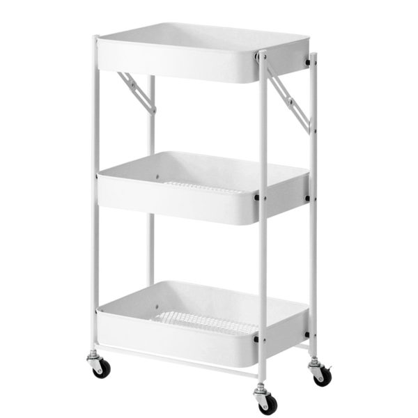 1-SOGA 3 Tier Steel White Foldable Kitchen Cart Multi-Functional Shelves Portable Storage Organizer with Wheels