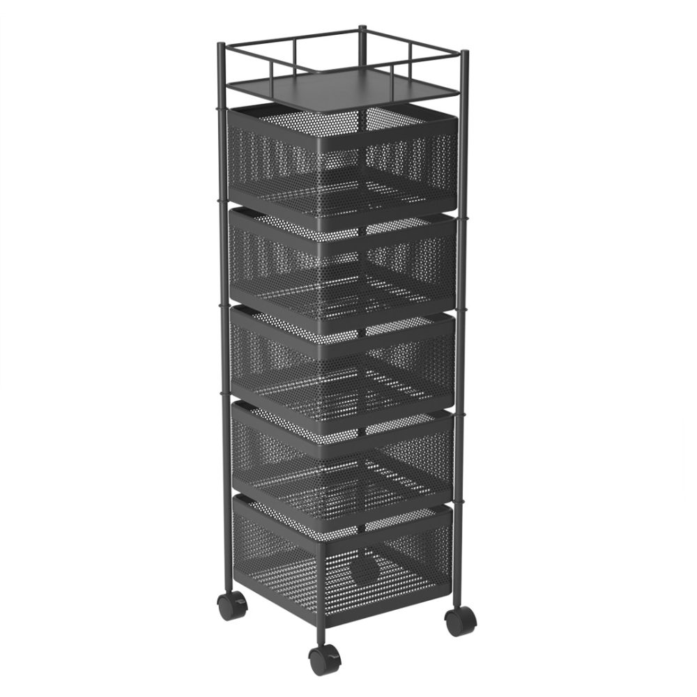 1-SOGA 5 Tier Steel Square Rotating Kitchen Cart Multi-Functional Shelves Portable Storage Organizer with Wheels