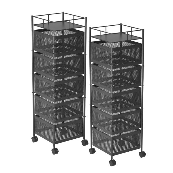 1-SOGA 2X 5 Tier Steel Square Rotating Kitchen Cart Multi-Functional Shelves Portable Storage Organizer with Wheels