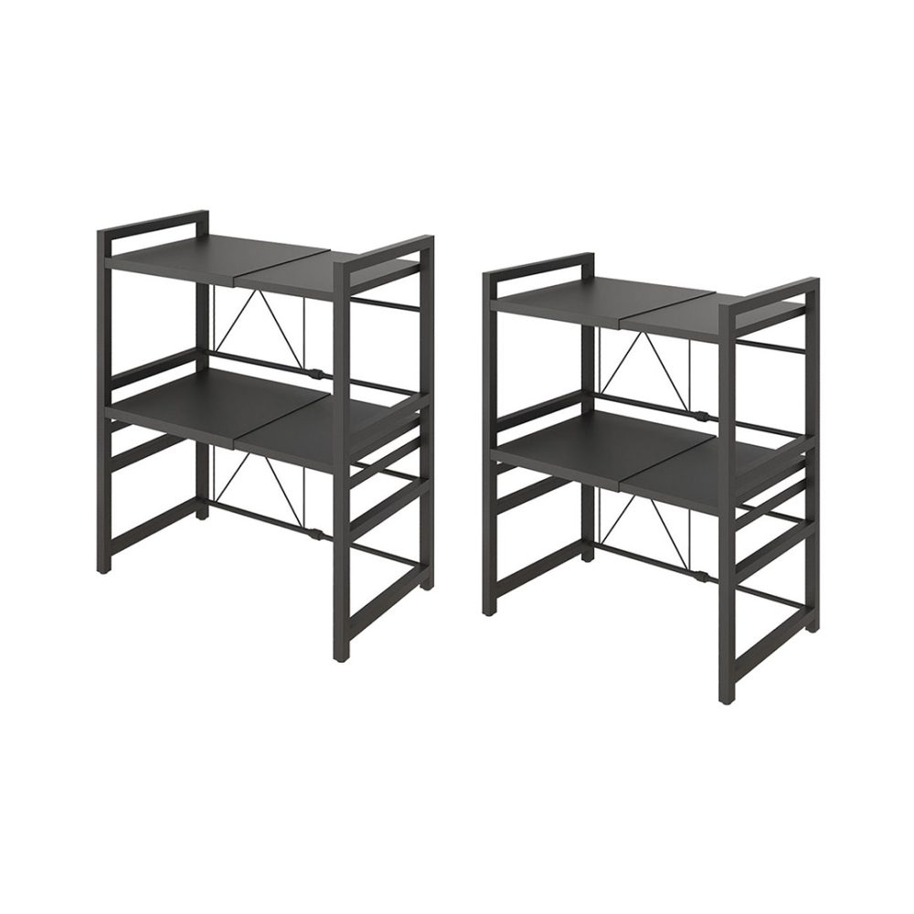 1-SOGA 2X 3 Tier Steel Black Retractable Kitchen Microwave Oven Stand Multi-Functional Shelves Storage Organizer