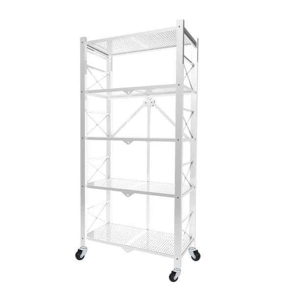 1-SOGA 5 Tier Steel White Foldable Display Stand Multi-Functional Shelves Portable Storage Organizer with Wheels