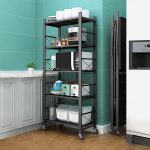 5-SOGA 5 Tier Steel Black Foldable Display Stand Multi-Functional Shelves Portable Storage Organizer with Wheels