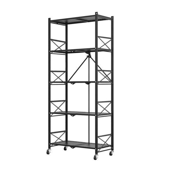 1-SOGA 5 Tier Steel Black Foldable Display Stand Multi-Functional Shelves Portable Storage Organizer with Wheels