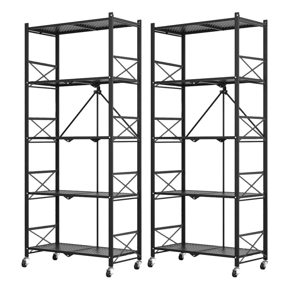 1-SOGA 2X 5 Tier Steel Black Foldable Display Stand Multi-Functional Shelves Portable Storage Organizer with Wheels
