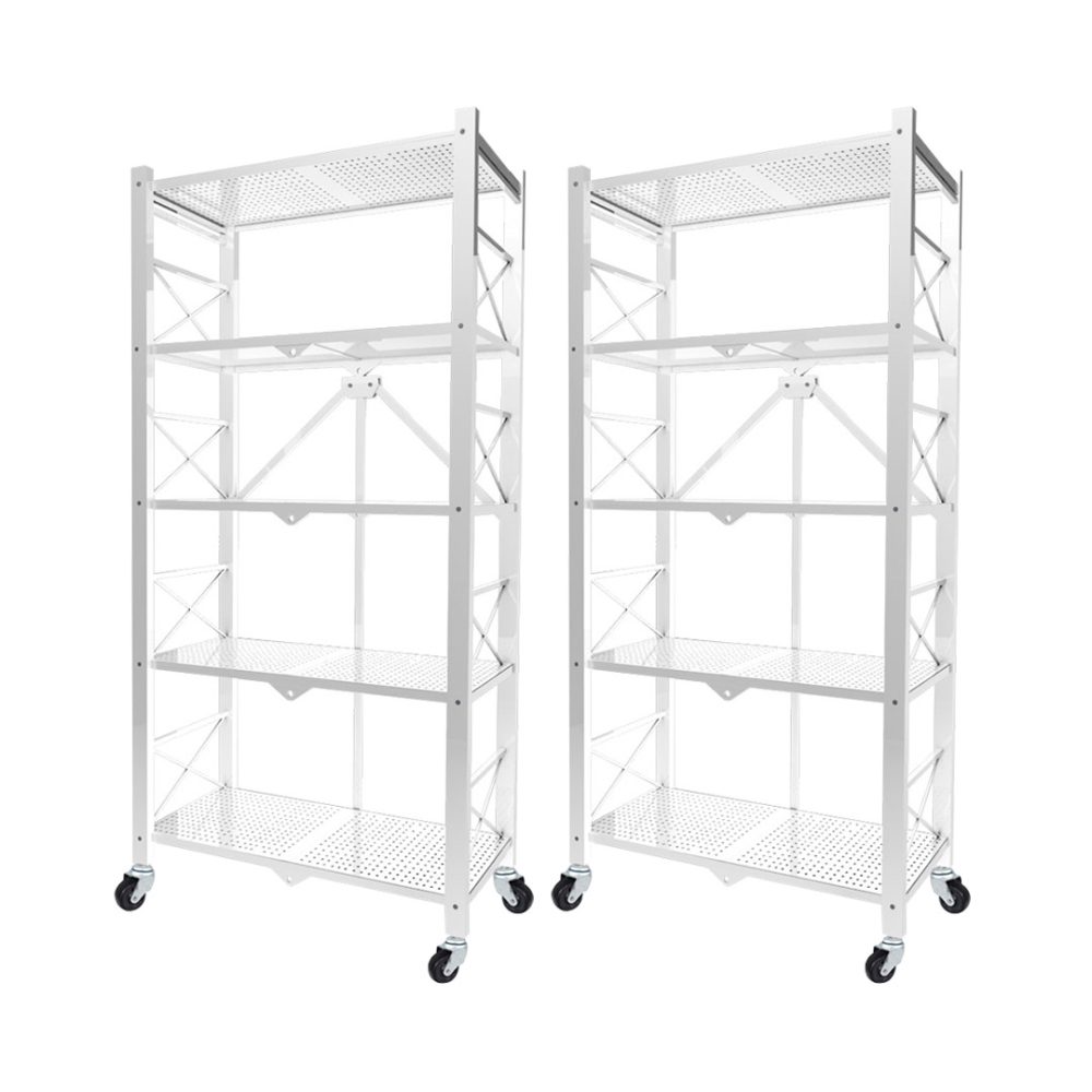 1-SOGA 2X 5 Tier Steel White Foldable Display Stand Multi-Functional Shelves Portable Storage Organizer with Wheels