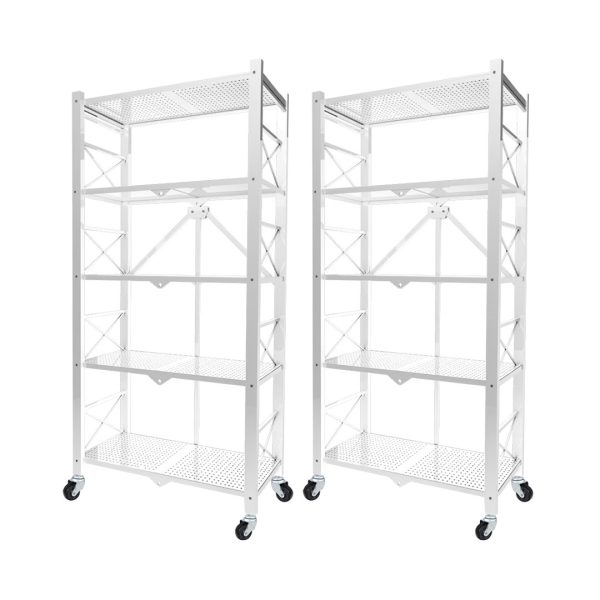 1-SOGA 2X 5 Tier Steel White Foldable Display Stand Multi-Functional Shelves Portable Storage Organizer with Wheels