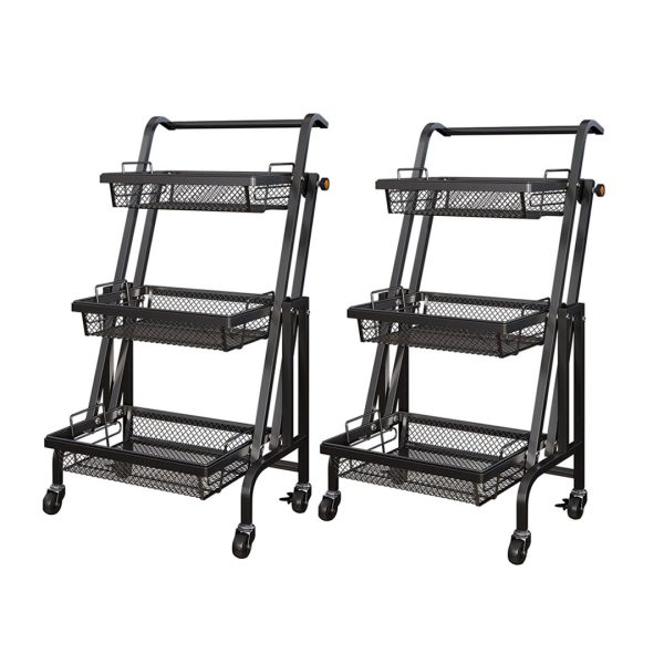 1-SOGA 2X 3 Tier Steel Black Adjustable Kitchen Cart Multi-Functional Shelves Portable Storage Organizer with Wheels