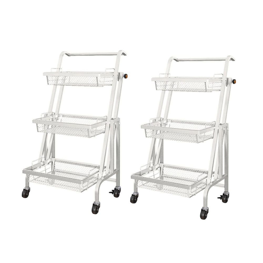 1-SOGA 2X 3 Tier Steel White Adjustable Kitchen Cart Multi-Functional Shelves Portable Storage Organizer with Wheels
