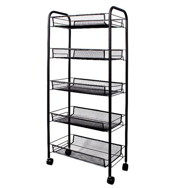 1-SOGA 5 Tier Steel Black Bee Mesh Kitchen Cart Multi-Functional Shelves Portable Storage Organizer with Wheels