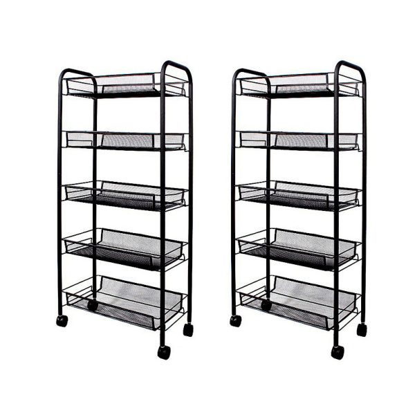 1-SOGA 2X 5 Tier Steel Black Bee Mesh Kitchen Cart Multi-Functional Shelves Portable Storage Organizer with Wheels