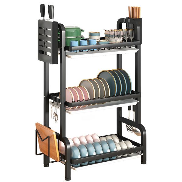 1-SOGA 3 Tier 62cm Steel Black Kitchen Countertop Drying Rack Dish Plate Cutlery Cutting Board Holder Dish Drainer Kitchen Organiser