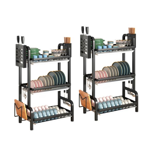 1-SOGA 2X 3 Tier 62cm Steel Black Kitchen Countertop Drying Rack Dish Plate Cutlery Cutting Board Holder Dish Drainer Kitchen Organiser