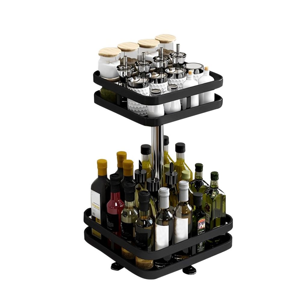 1-SOGA 2 Tier Steel Black Square Rotating Multi-Function Kitchen Portable Storage Spice Seasoning Kitchen Countertop Organiser Shelf