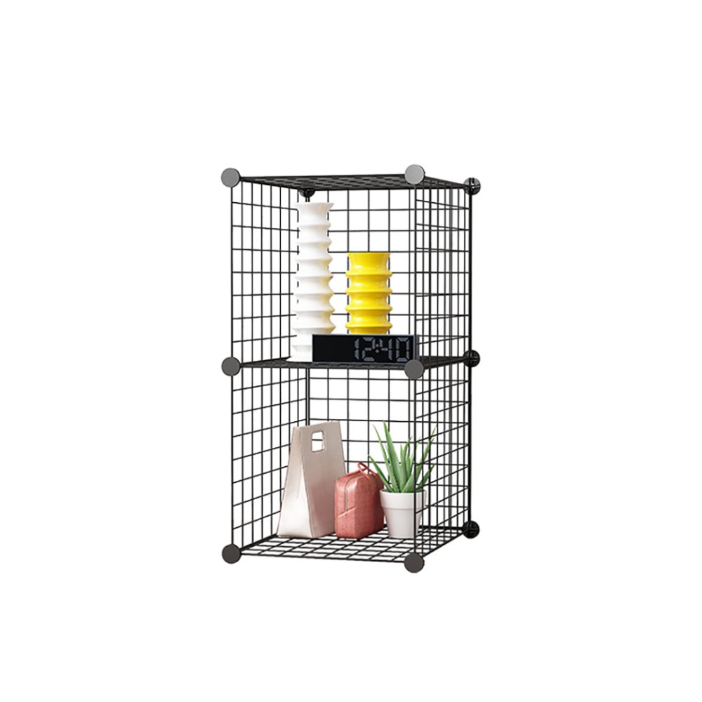 1-SOGA Black Portable 2 Tier Cube Storage Organiser Foldable DIY Modular Grid Space Saving Shelf