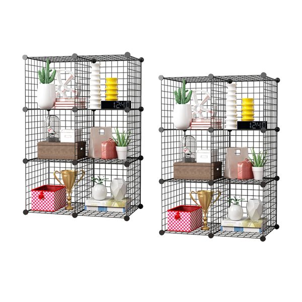 1-SOGA 2X Black Portable 6-Cube Storage Organiser Foldable DIY Modular Grid Space Saving Shelf