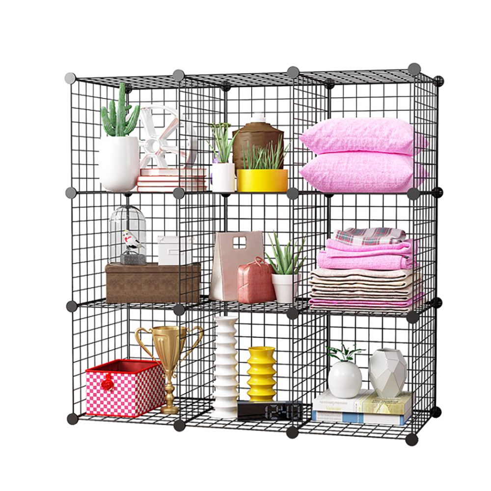 1-SOGA Black Portable 9-Cube Storage Organiser Foldable DIY Modular Grid Space Saving Shelf