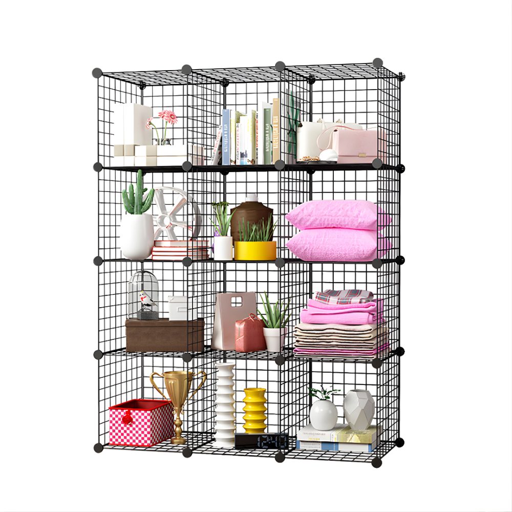 1-SOGA Black Portable 12-Cube Storage Organiser Foldable DIY Modular Grid Space Saving Shelf