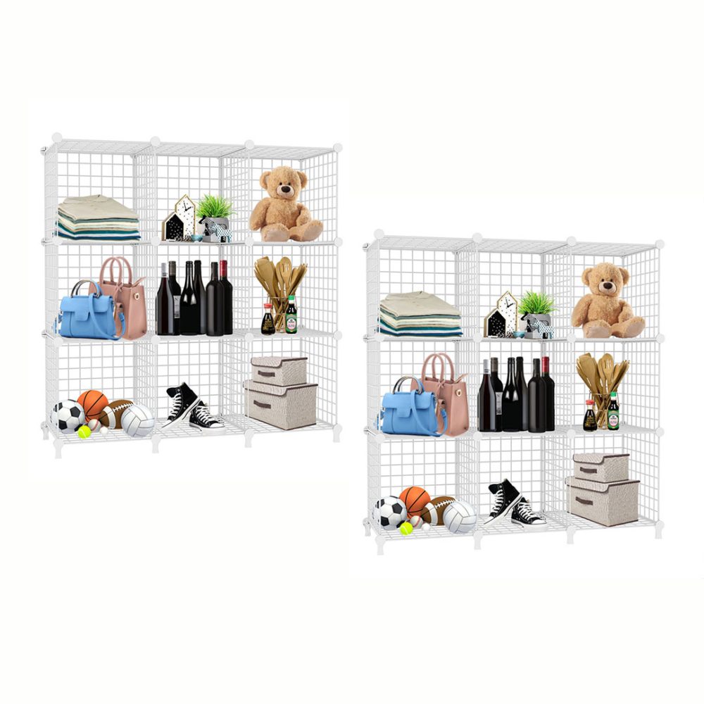 1-SOGA 2X White Portable 9-Cube 3 Column Storage Organiser Foldable DIY Modular Grid Space Saving Shelf