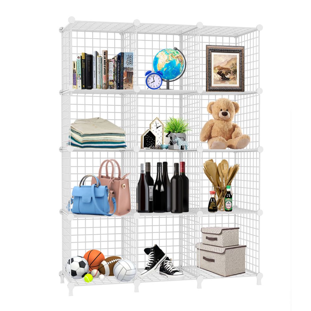 1-SOGA White Portable 12-Cube 3 Column Storage Organiser Foldable DIY Modular Grid Space Saving Shelf