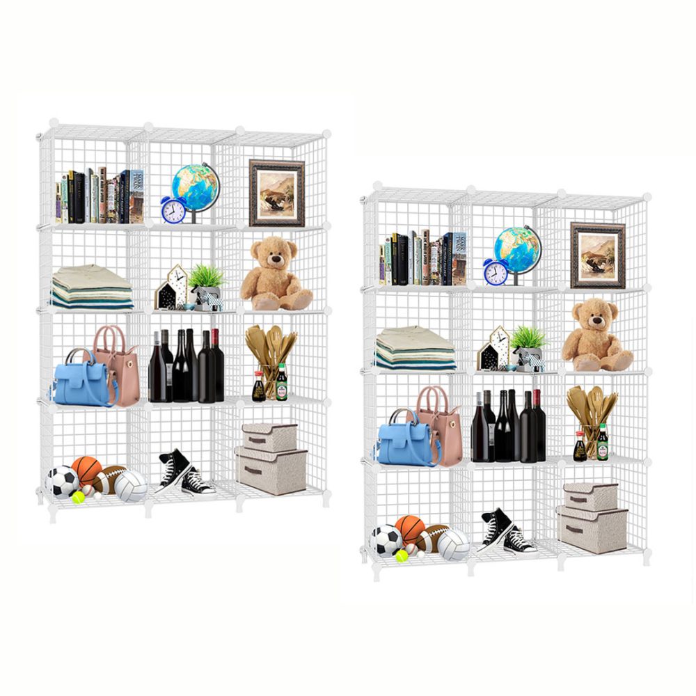 1-SOGA 2X White Portable 12-Cube 3 Column Storage Organiser Foldable DIY Modular Grid Space Saving Shelf