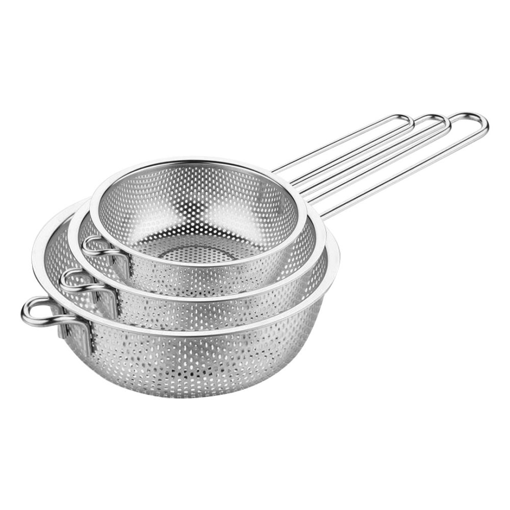 1-SOGA Stainless Steel Perforated Colander Fine Mesh Net Food Strainer Basket with Handle Skimmer Sieve Set