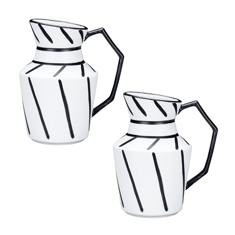 1-SOGA 2X 23.5x19.5cm Ornament Modern Ceramic Decorative Pitcher Striped Vase with Handle with Geometric Design for Home Décor