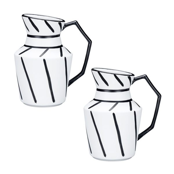 1-SOGA 2X 23.5x19.5cm Ornament Modern Ceramic Decorative Pitcher Striped Vase with Handle with Geometric Design for Home Décor