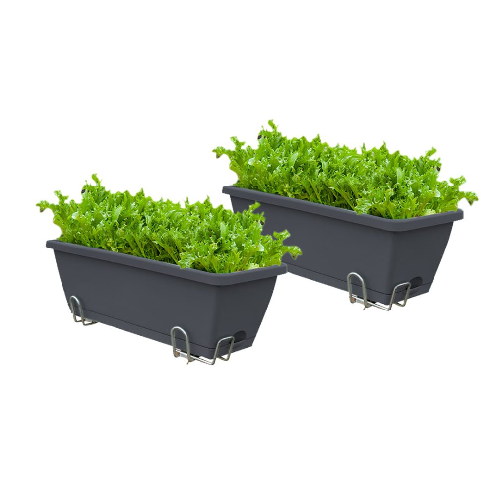 1-SOGA 49.5cm Black Rectangular Planter Vegetable Herb Flower Outdoor Plastic Box with Holder Balcony Garden Decor Set of 2