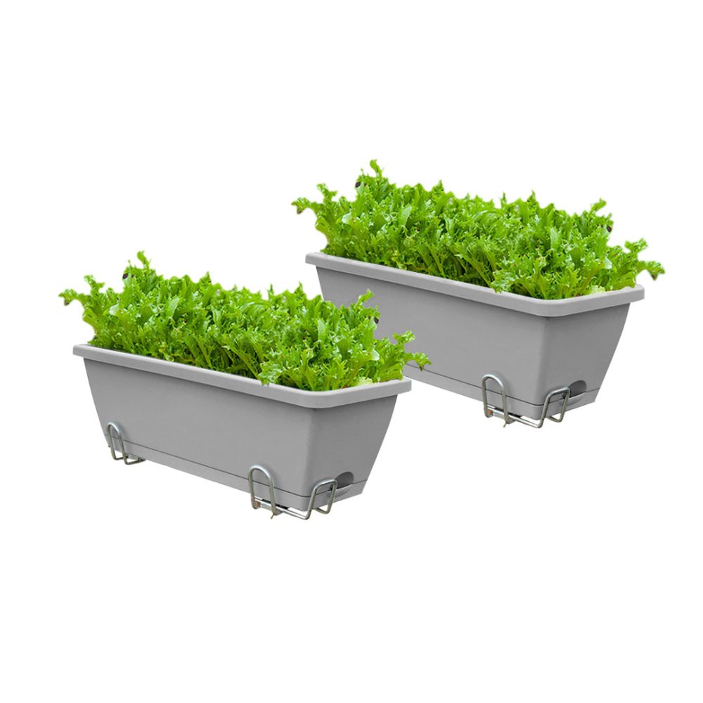 1-SOGA 49.5cm Gray Rectangular Planter Vegetable Herb Flower Outdoor Plastic Box with Holder Balcony Garden Decor Set of 2