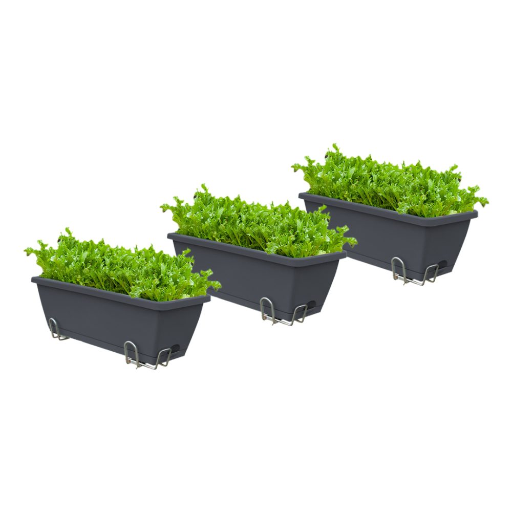 1-SOGA 49.5cm Black Rectangular Planter Vegetable Herb Flower Outdoor Plastic Box with Holder Balcony Garden Decor Set of 3
