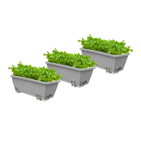 1-SOGA 49.5cm Gray Rectangular Planter Vegetable Herb Flower Outdoor Plastic Box with Holder Balcony Garden Decor Set of 3
